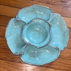 Vintage MCM California Original Chip & Dip Bowl Set #146 turquoise and gold leaf